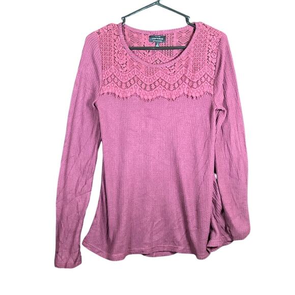 Lucky Brand Womens Blouse Burgundy Lace Crew Neck Long Sleeve Small - Picture 1 of 11